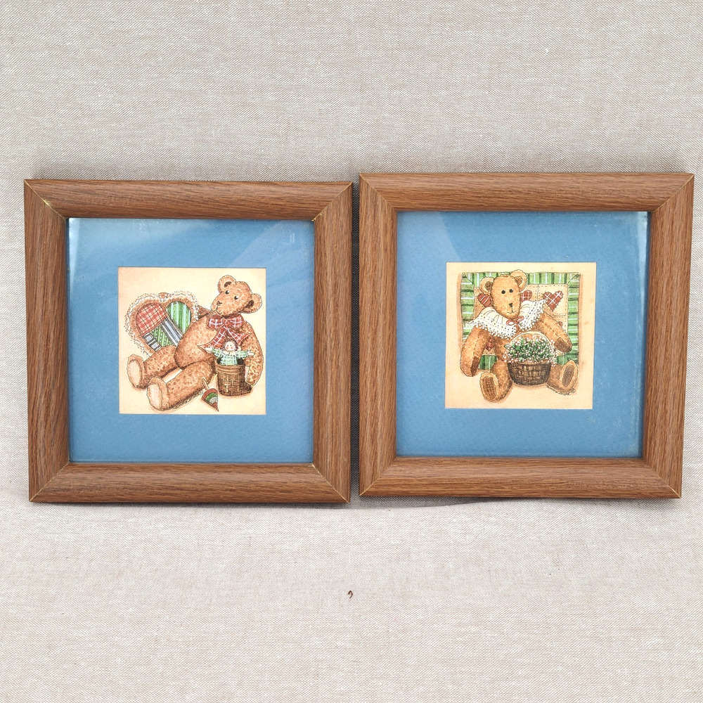 2 Teddy Bear Grannycore Cottagecore Gallery Wall Prints Framed 6" Anna Scott VTG